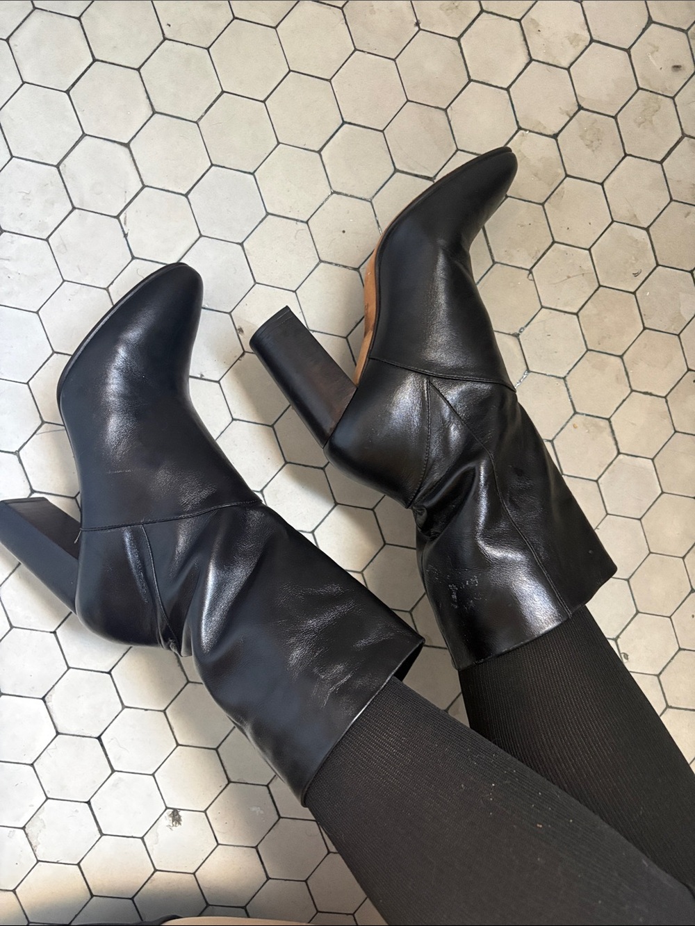No. 6 Black Leather Mid-Calf Chunky Heel Boots - Picture 6 of 10